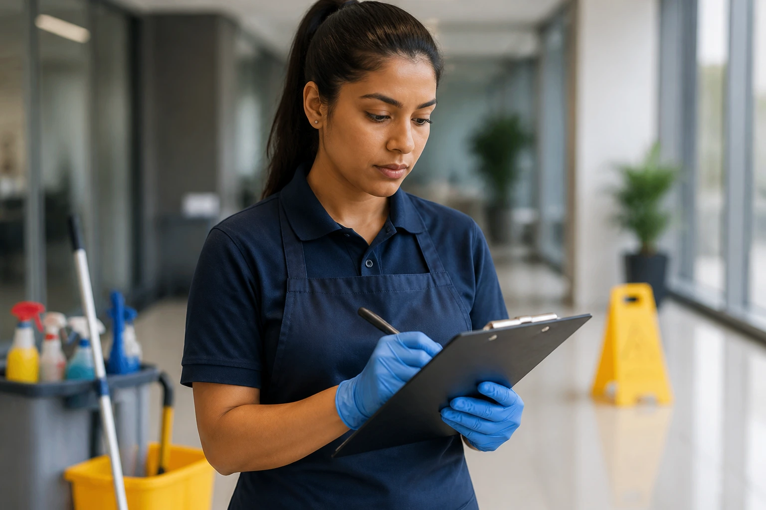 Cleaner candidate in uniform with clipboard at a clean site.