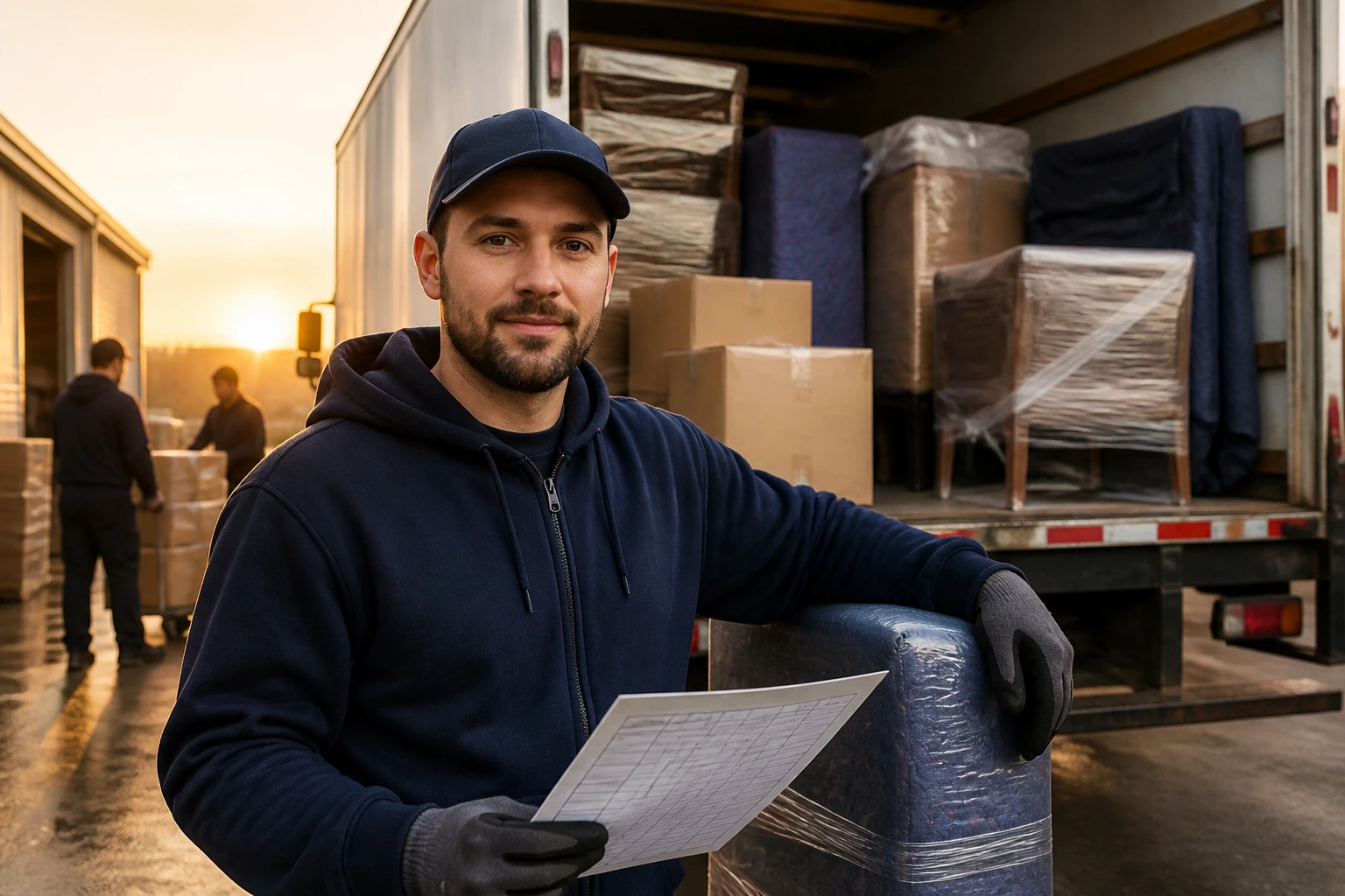 Mover holding inventory sheet with a loaded truck in background