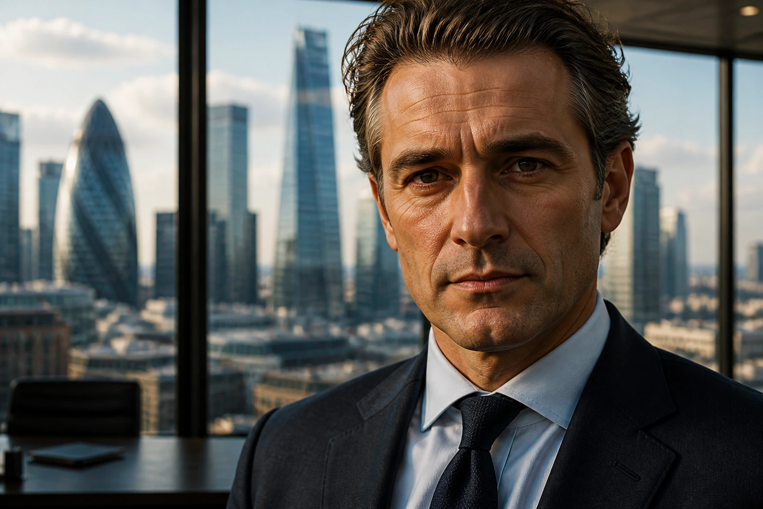Close-up portrait of a seasoned investment banker in a London office with skyline view