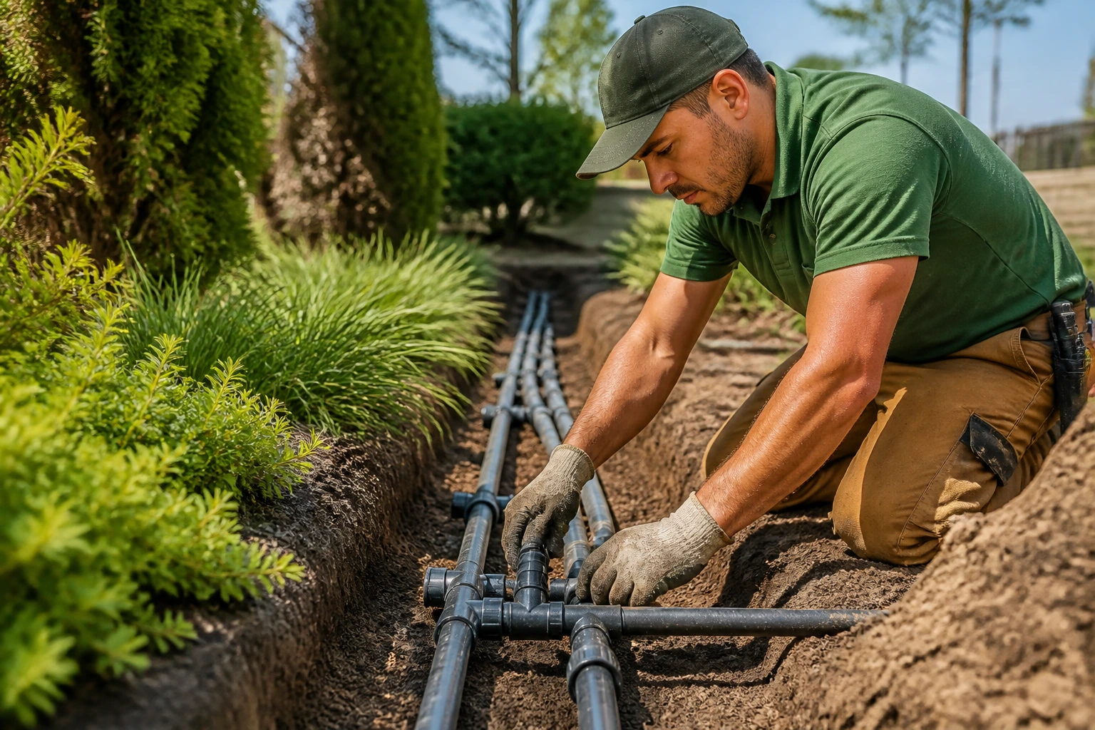 Irrigation installation on a landscaping site