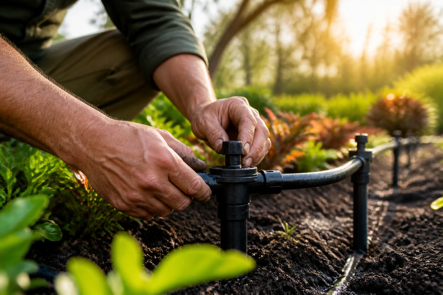Close-up of gardener's hands adjusting an irrigation valve in a garden