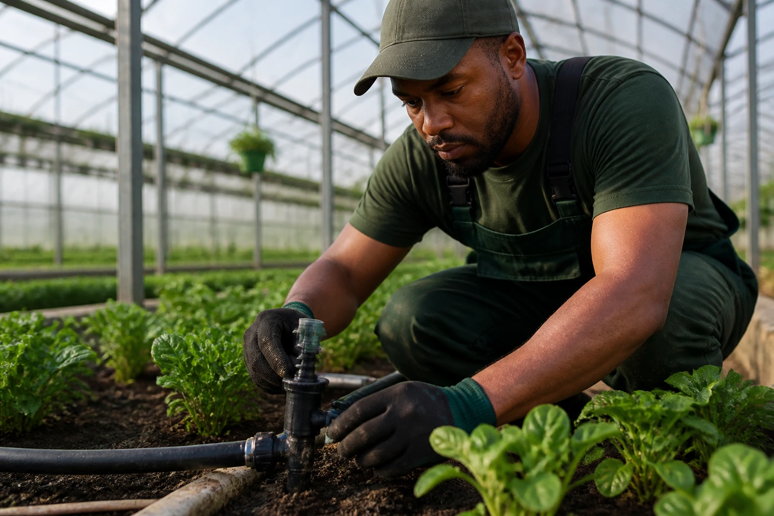 Irrigation technician adjusting sprinkler in greenhouse