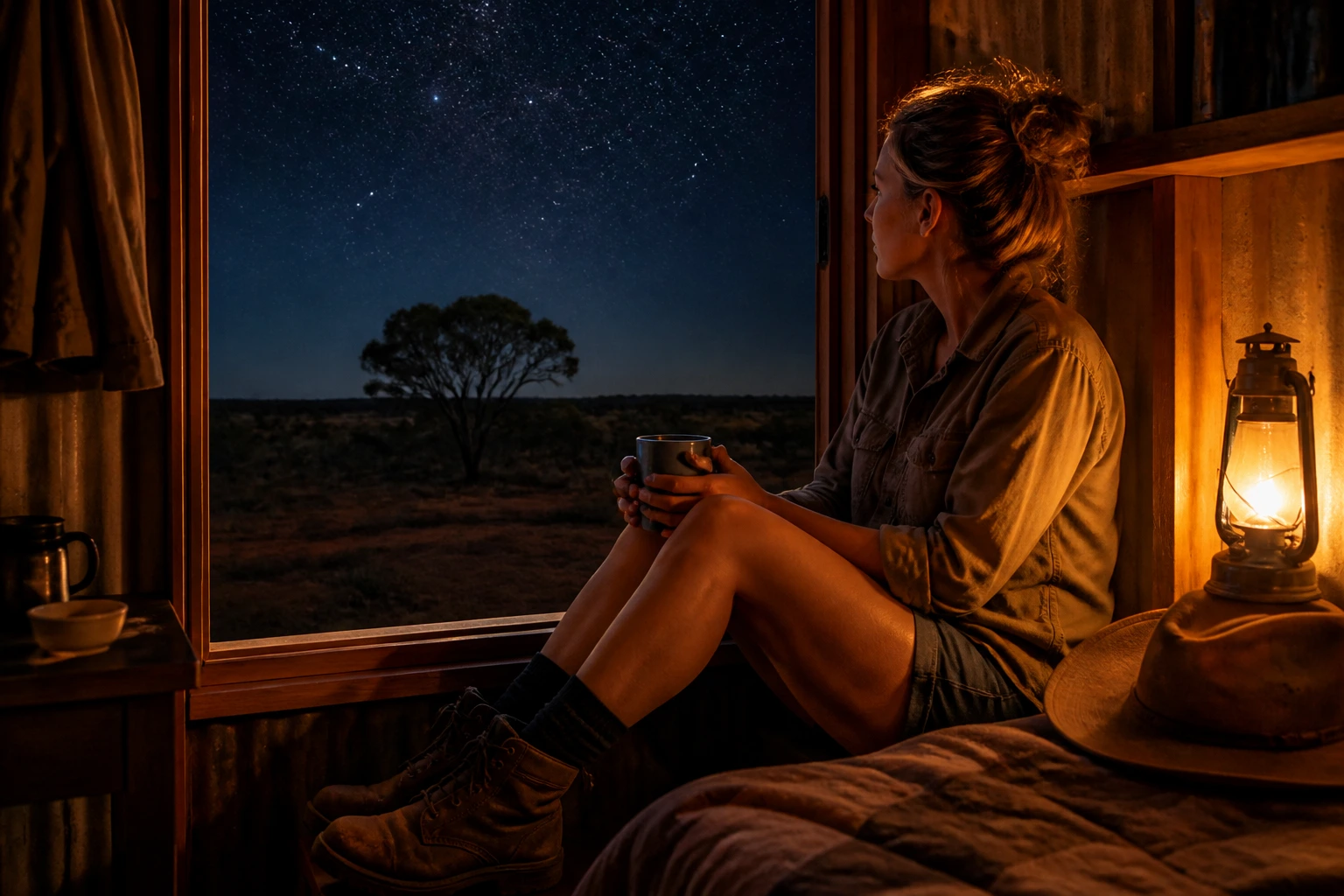 Portrait of a person by a window at night in isolated locations