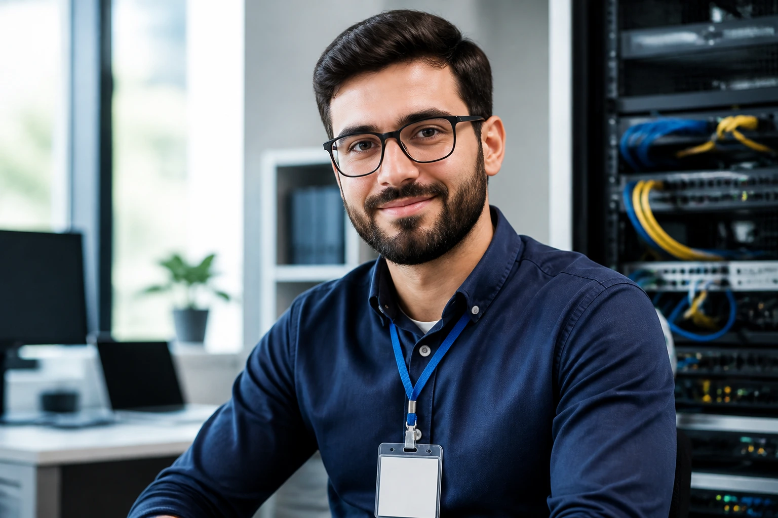Portrait of IT professional with generic certification badge, symbolizing certifications
