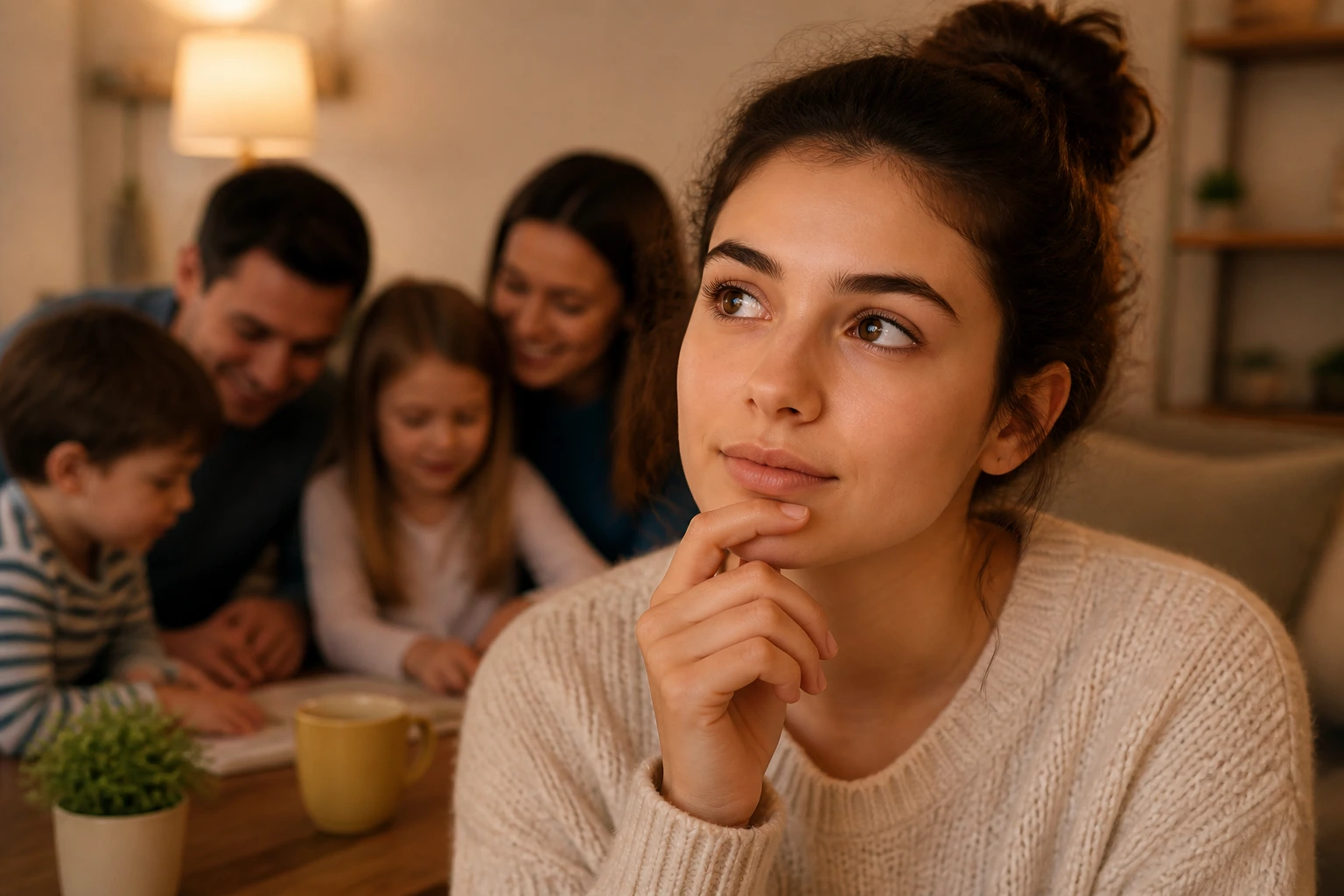 Thoughtful person contemplating options in a home setting