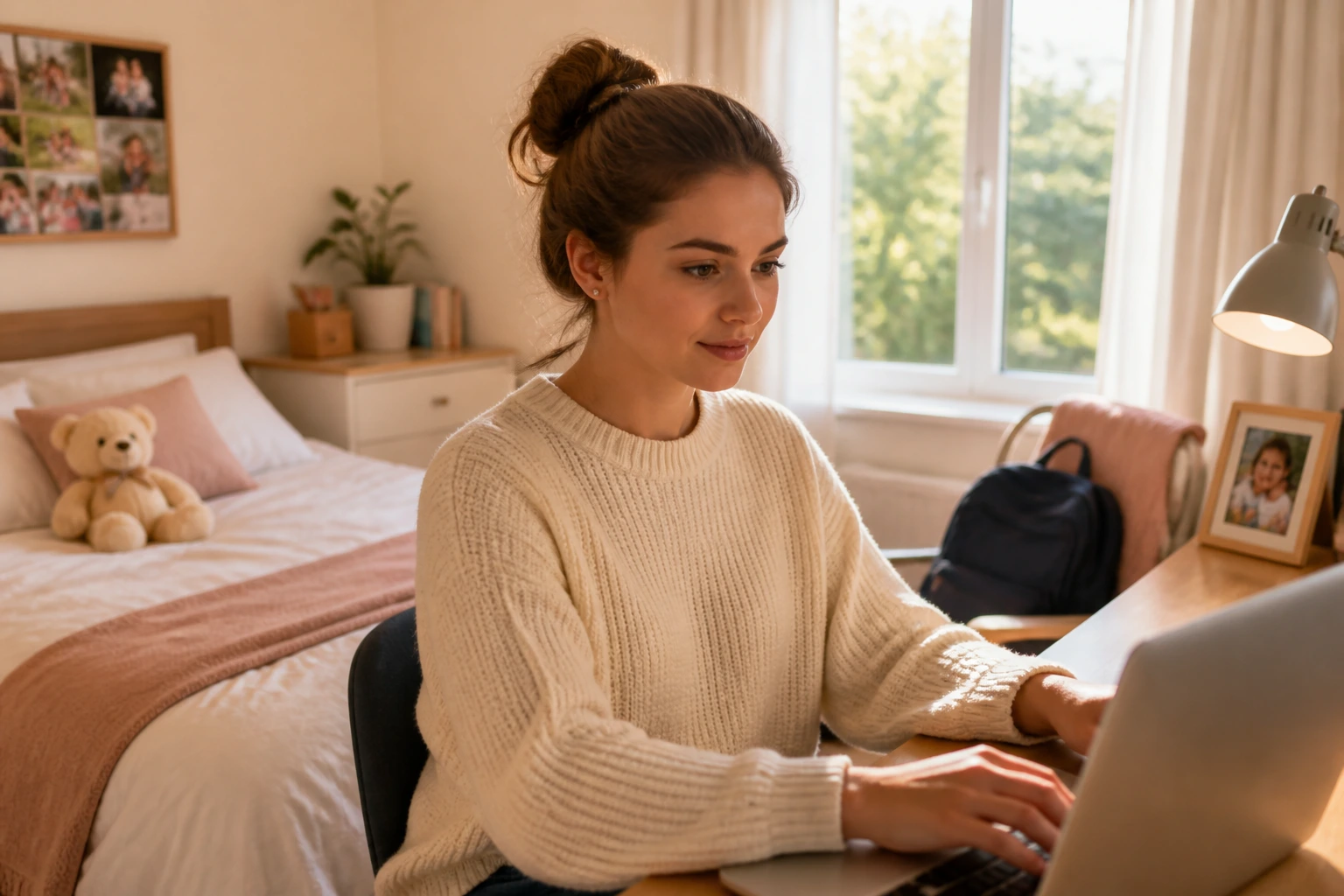 Portrait of an au pair in a private bedroom illustrating J-1 housing rules