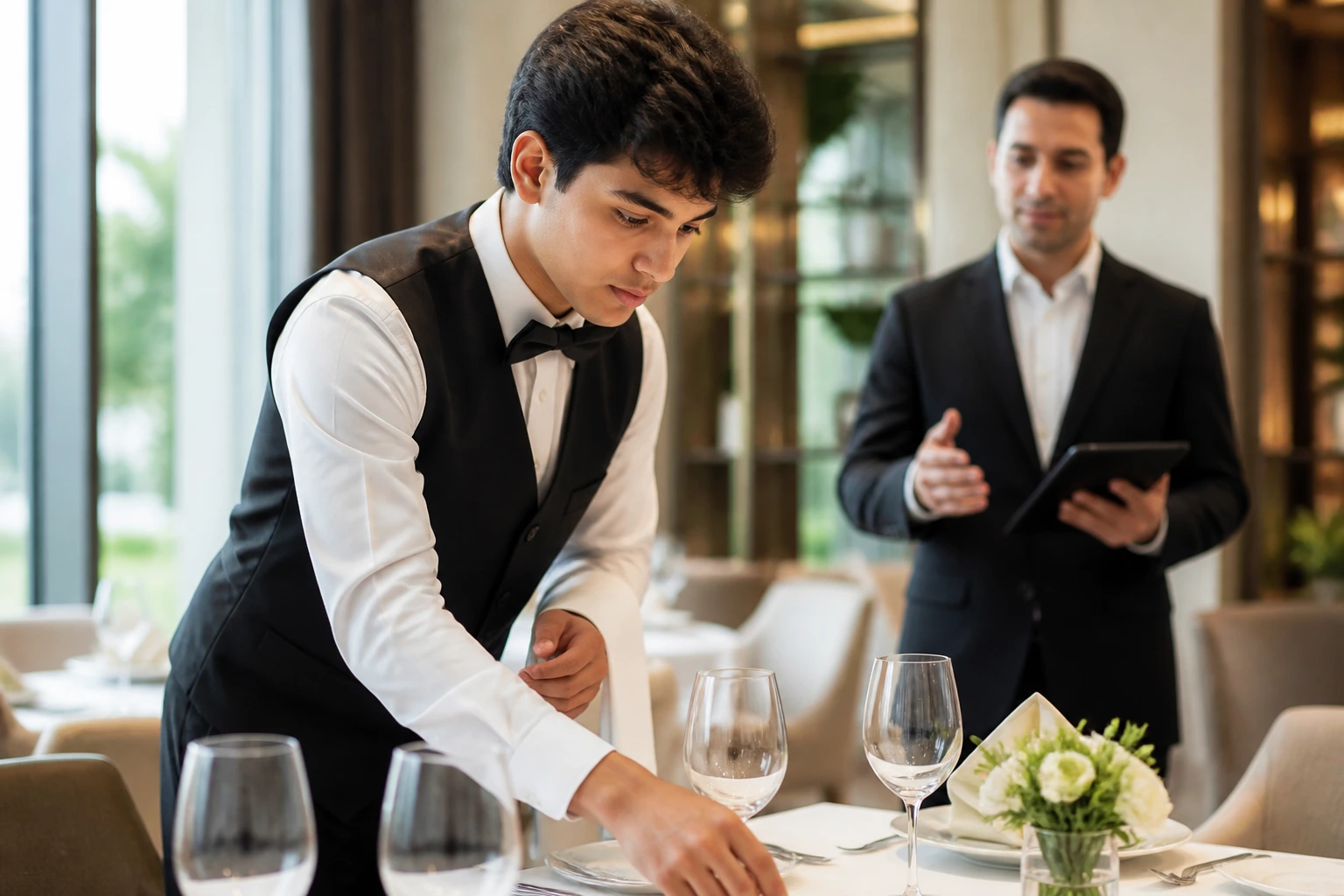 Young hospitality trainee in hotel uniform in training area