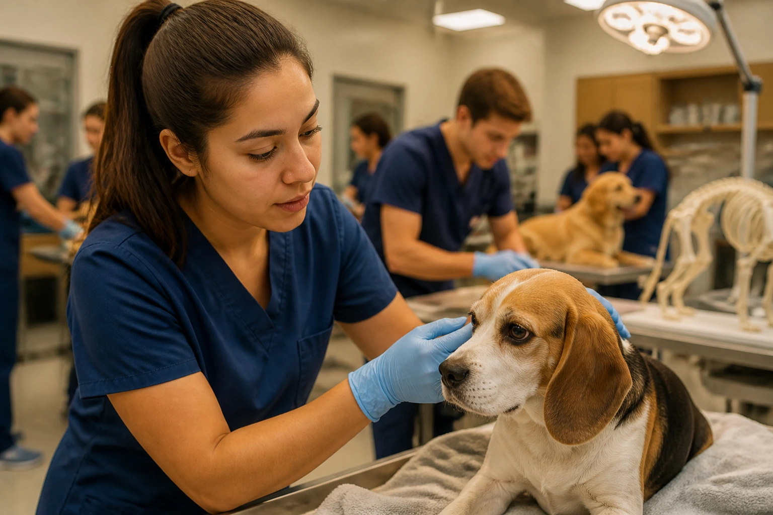 Close-up of a veterinary assistant in a teaching hospital environment