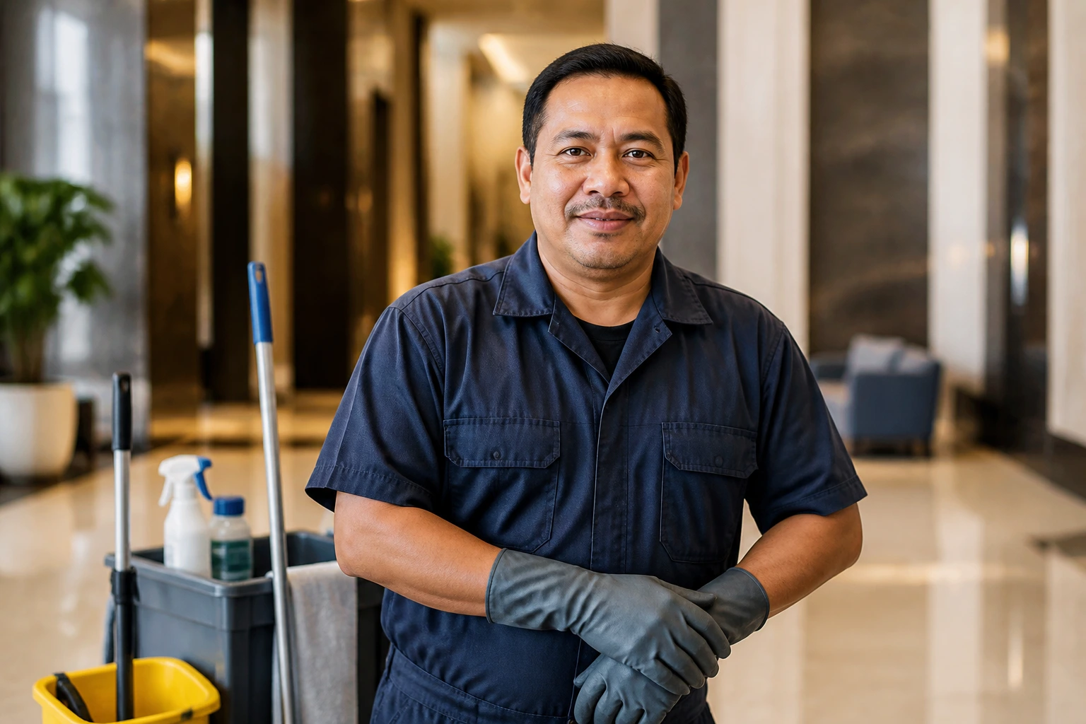 Medium close-up of janitor in uniform in a building lobby