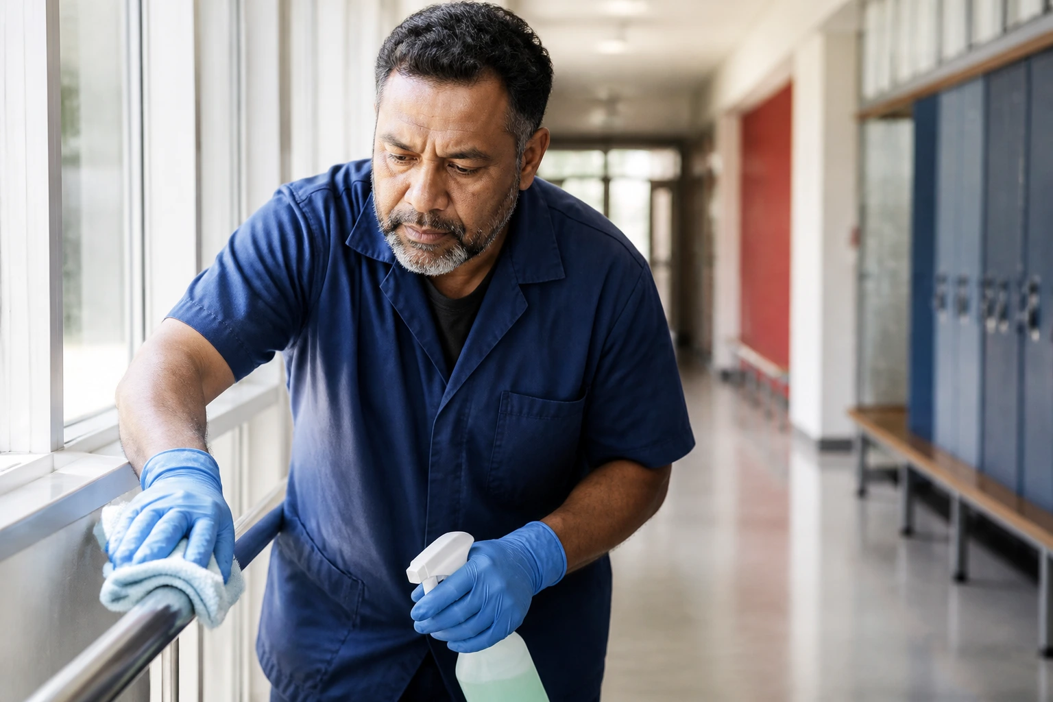 Close-up of a real janitor in uniform cleaning a school corridor railing