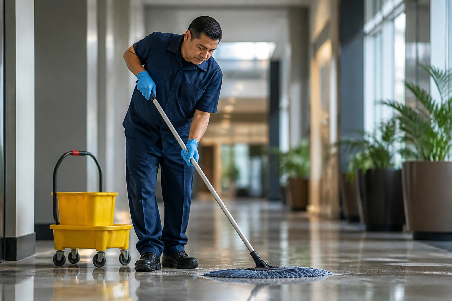 Close-up of a janitor in uniform sweeping a hospital corridor.