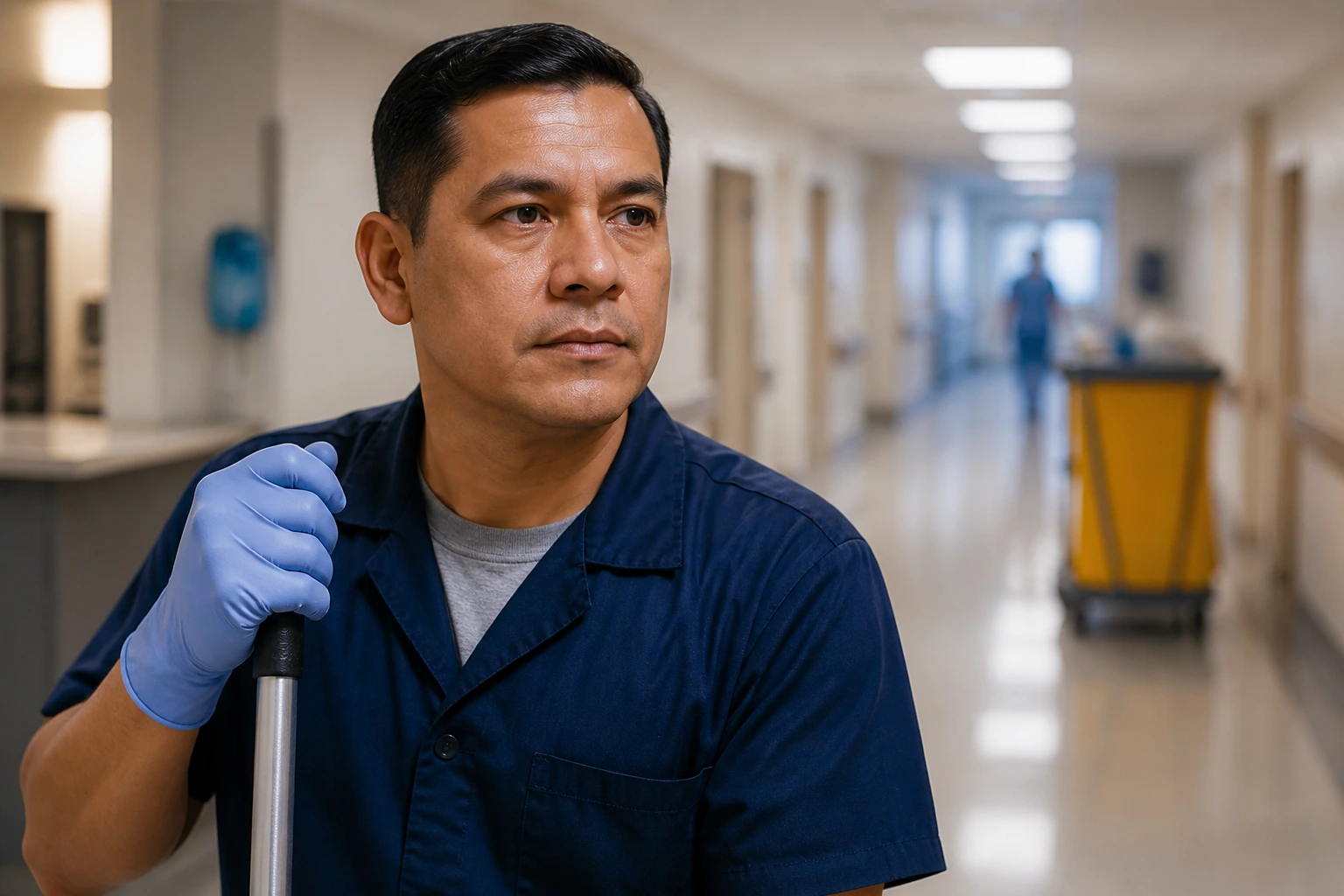 Close-up of a janitor in blue uniform in a hospital corridor, showing determination after arrival.