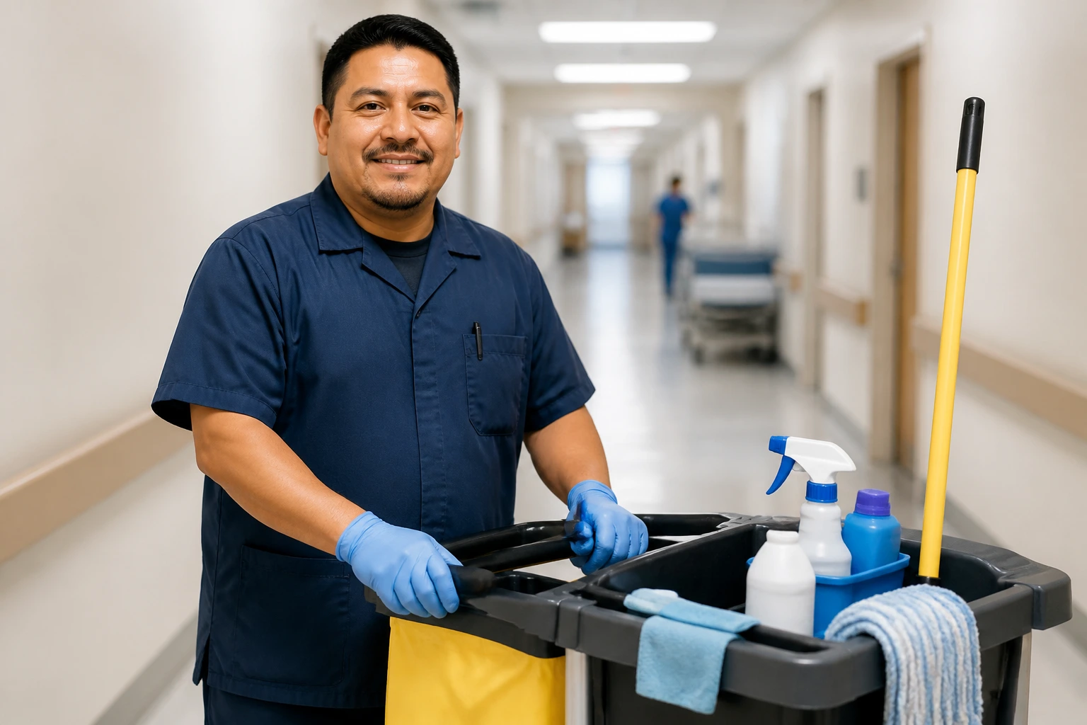 Medium close-up of a janitor in uniform near a cleaning cart in a hospital corridor.