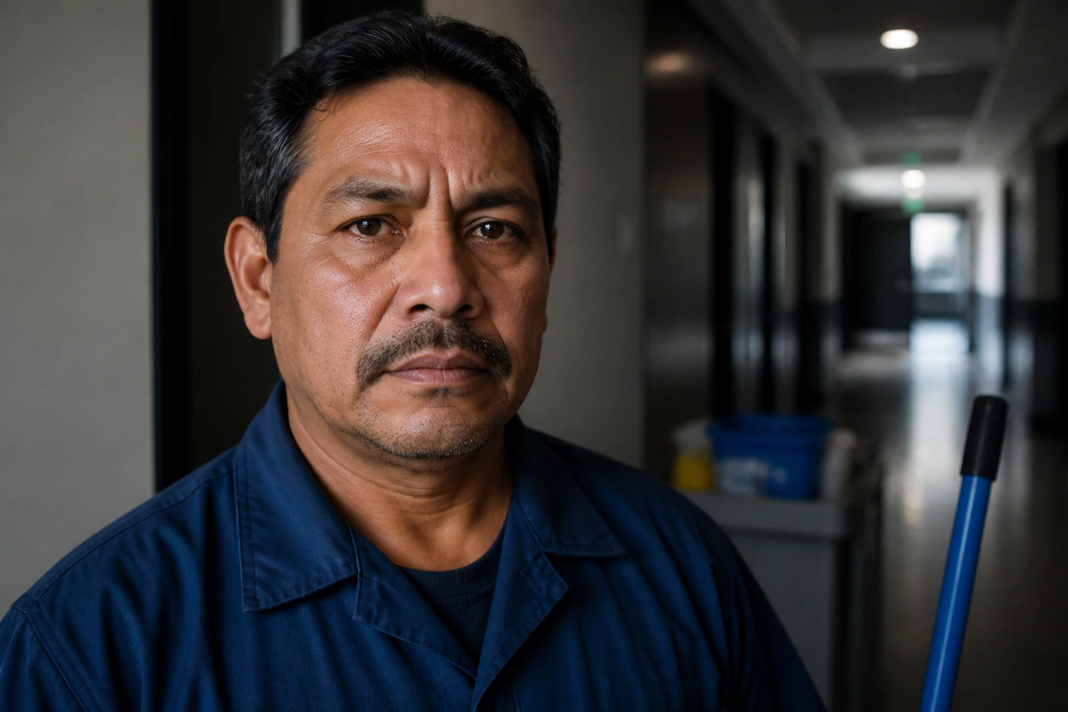 Close-up of a janitor in uniform in a dim office corridor