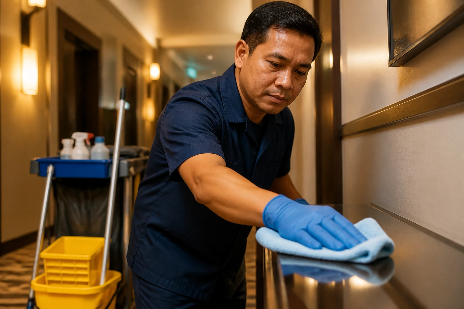 Janitor cleaning a hallway on a building maintenance shift.
