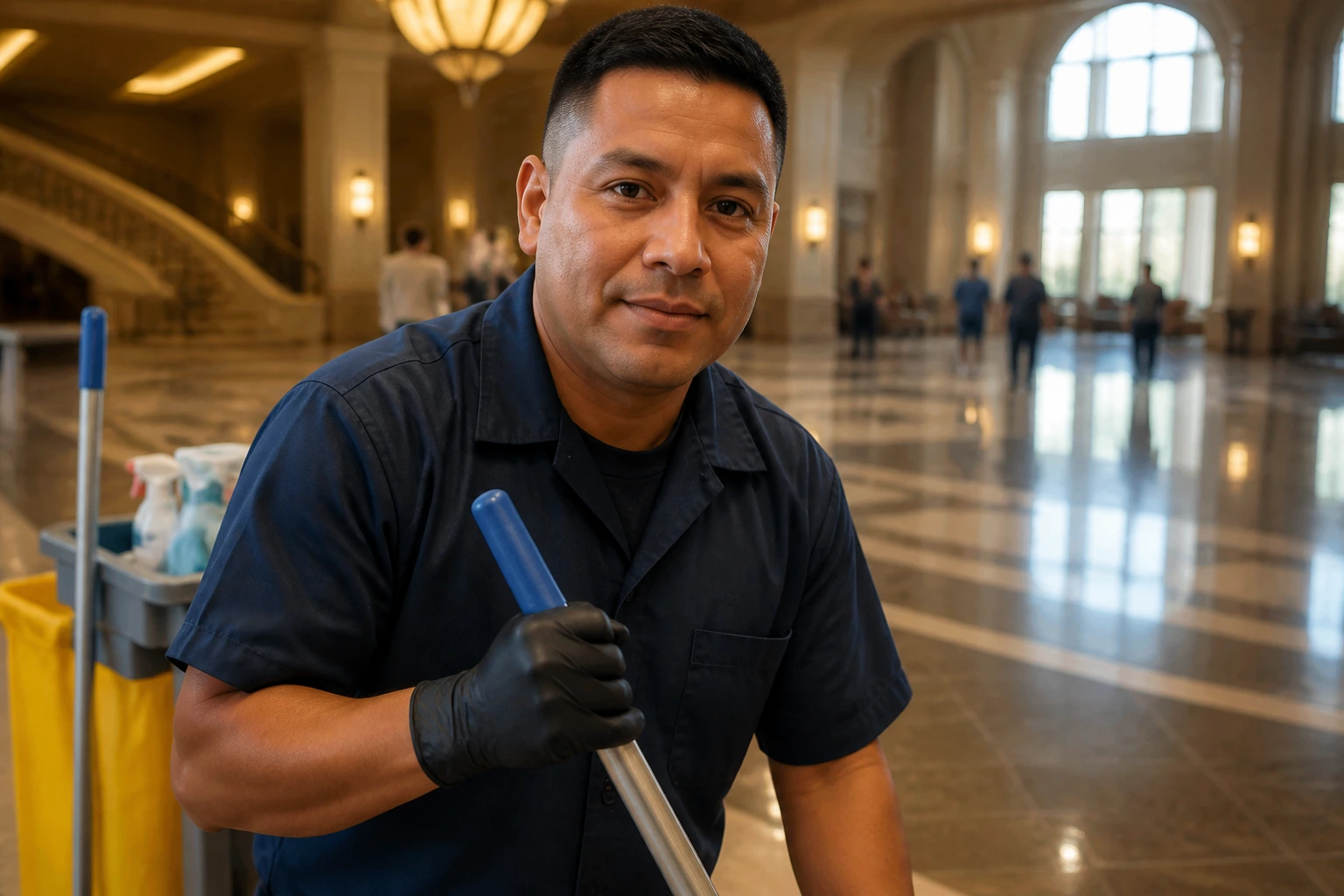 Portrait of a janitorial worker in uniform in a large venue setting