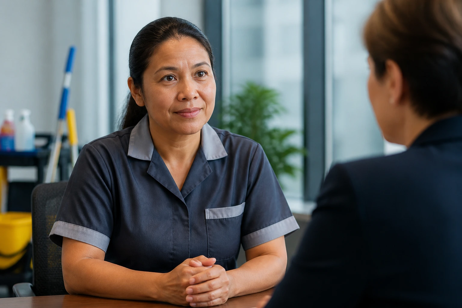 Interviewee in professional attire during a janitorial job interview.