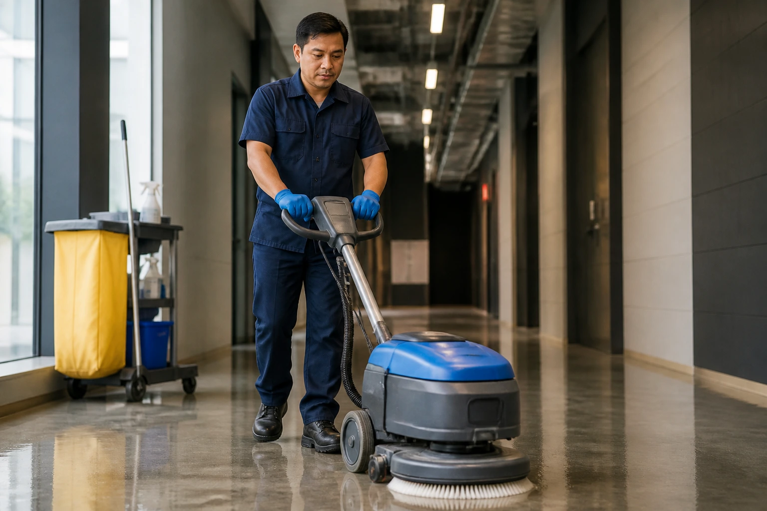 Janitor in PPE operating a floor-cleaning machine in a hallway