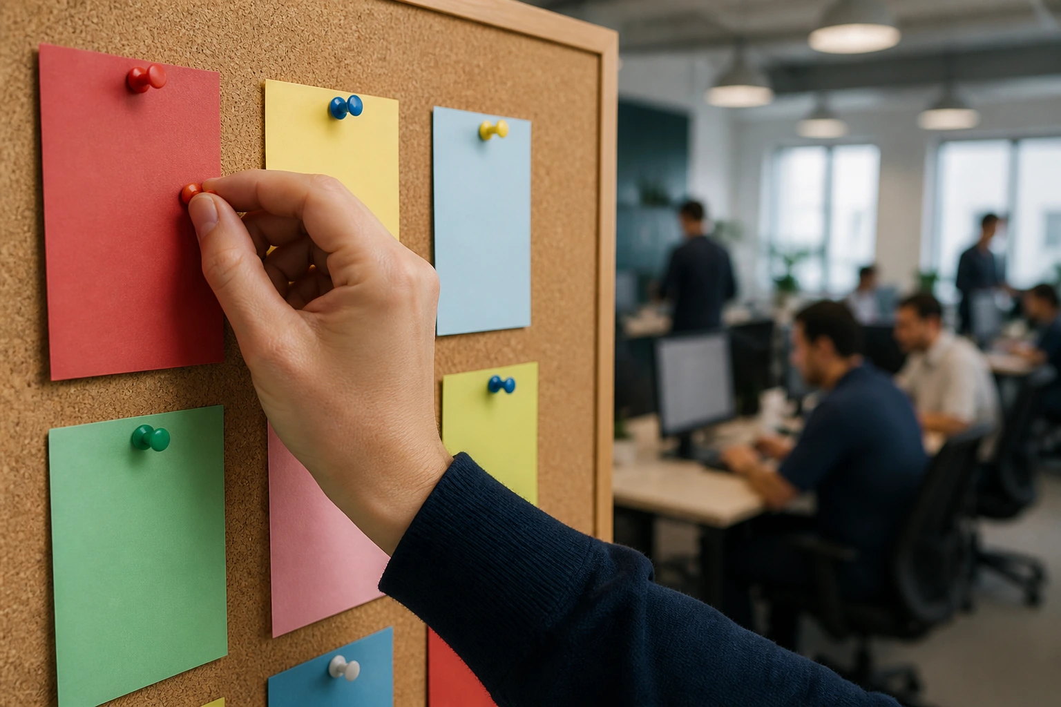 Hand and corkboard with color-coded blank flyers in an office