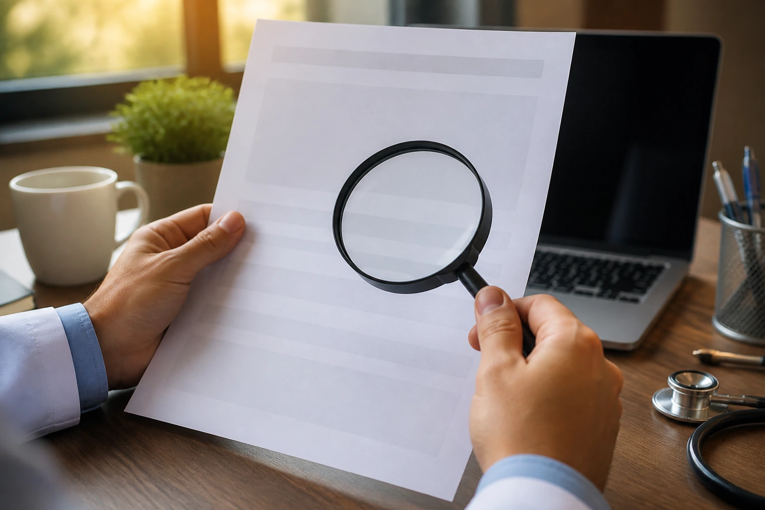 Close-up of hands studying a blank job ad document with a magnifying glass in an office