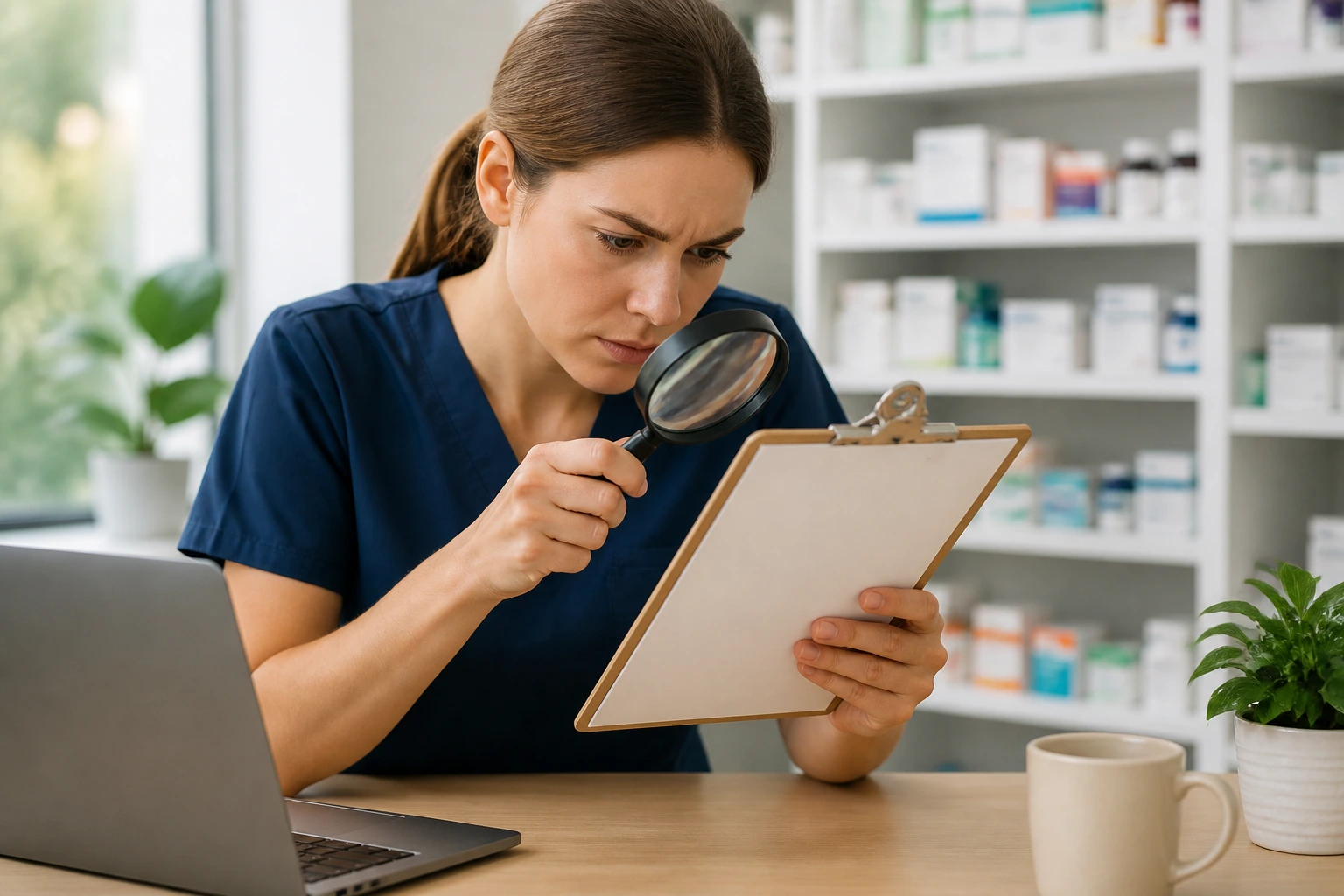 Person examining a blank clipboard with a magnifying glass to represent careful reading of a job ad