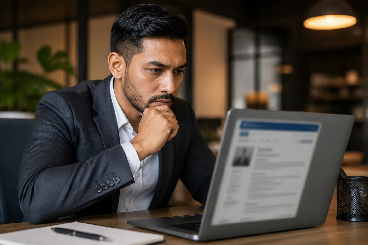 Person reading a job ad on a laptop in an office, evaluating posting details