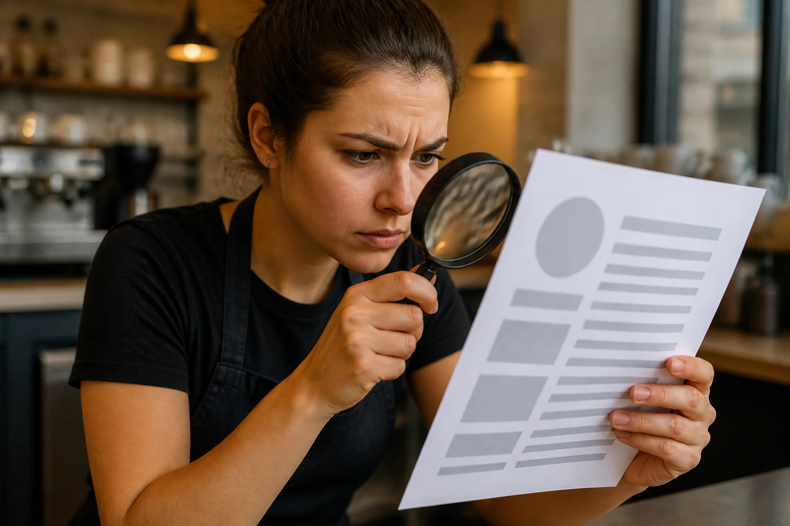 Person scrutinizing a job ad with a magnifying glass, ad content blurred to avoid legible text