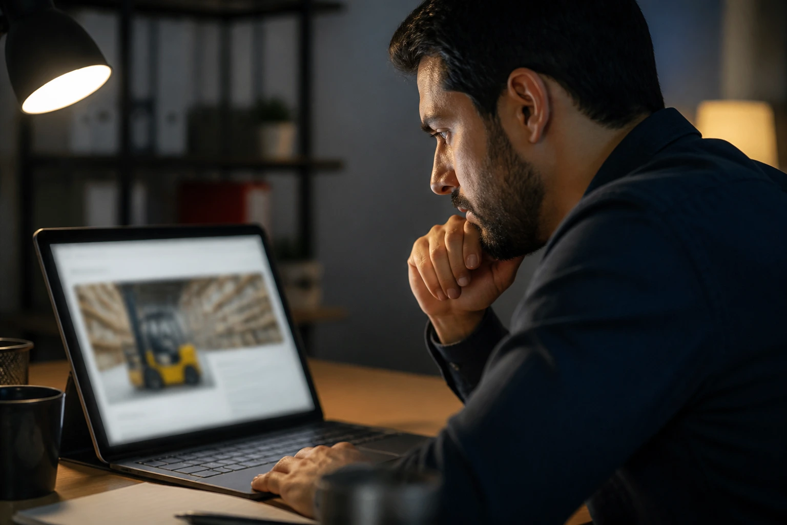 Person reading a job ad on a tablet at a desk with a blurred screen
