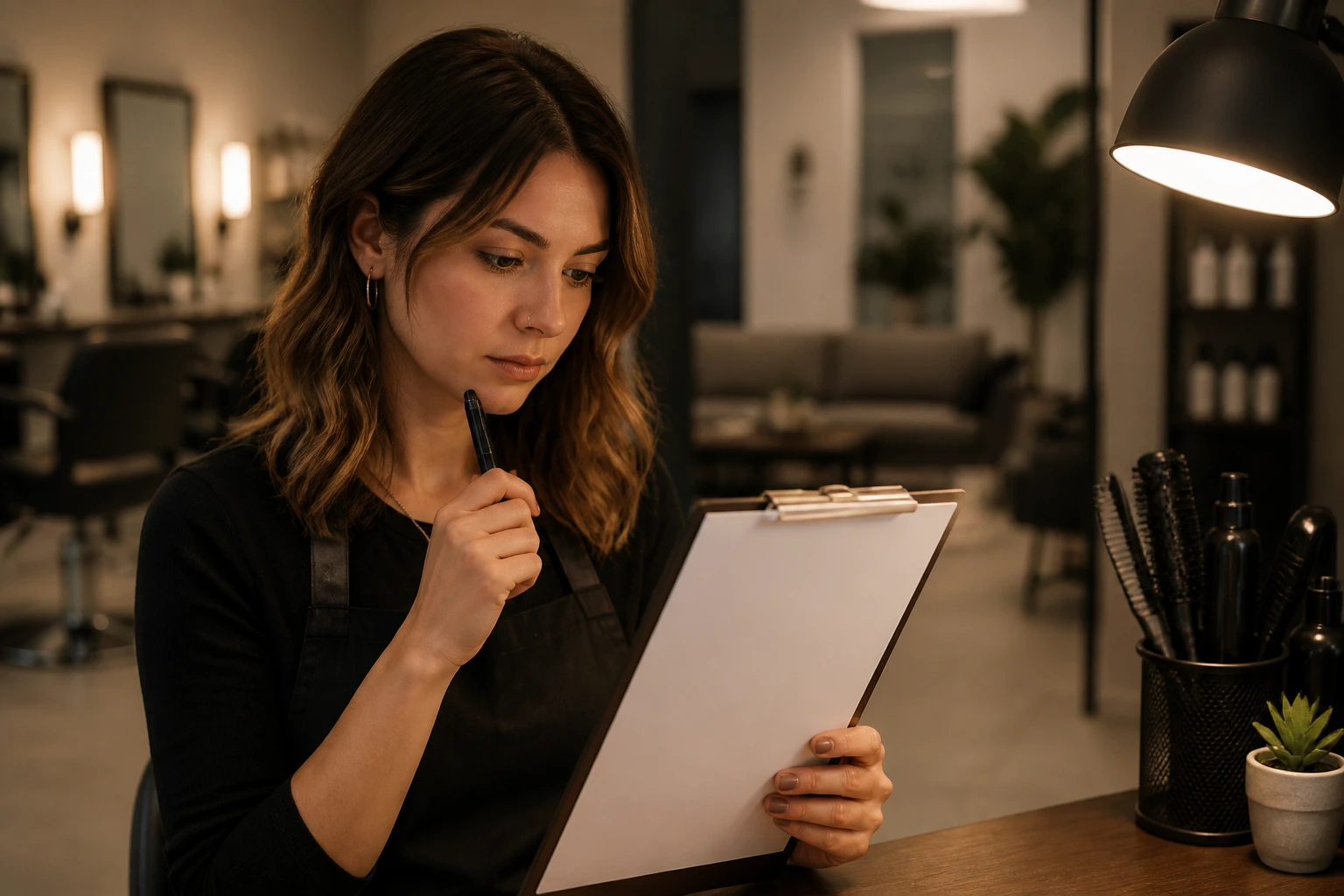 Hairstylist candidate reviewing a blank resume on a clipboard in a salon lounge