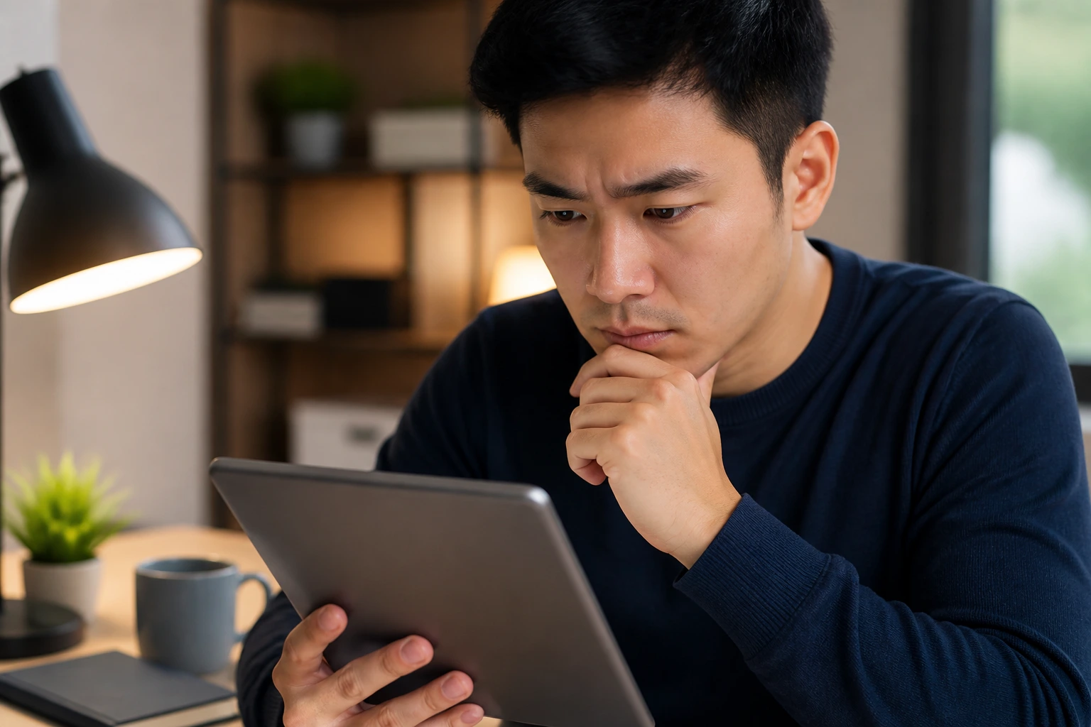 Close-up of a person evaluating a job ad on a device, looking cautious, in a home office