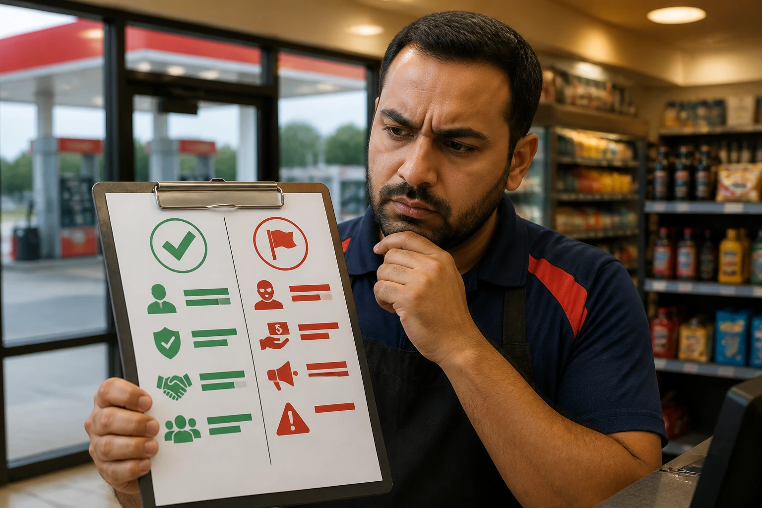 Close-up of a manager evaluating a job ad on a clipboard inside a station, highlighting real vs suspicious cues
