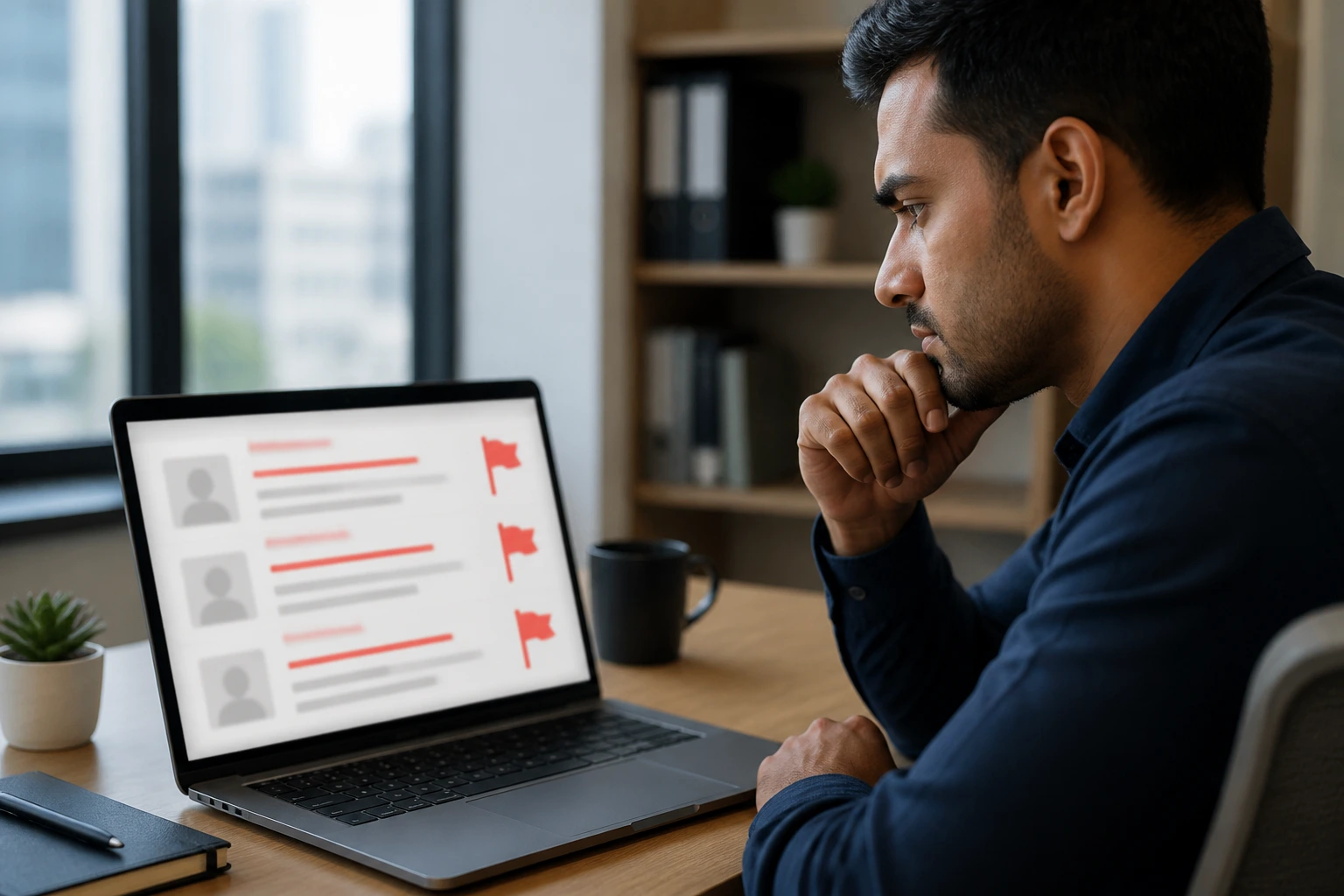 Portrait of a professional evaluating suspicious job ads on a laptop with blurred content.