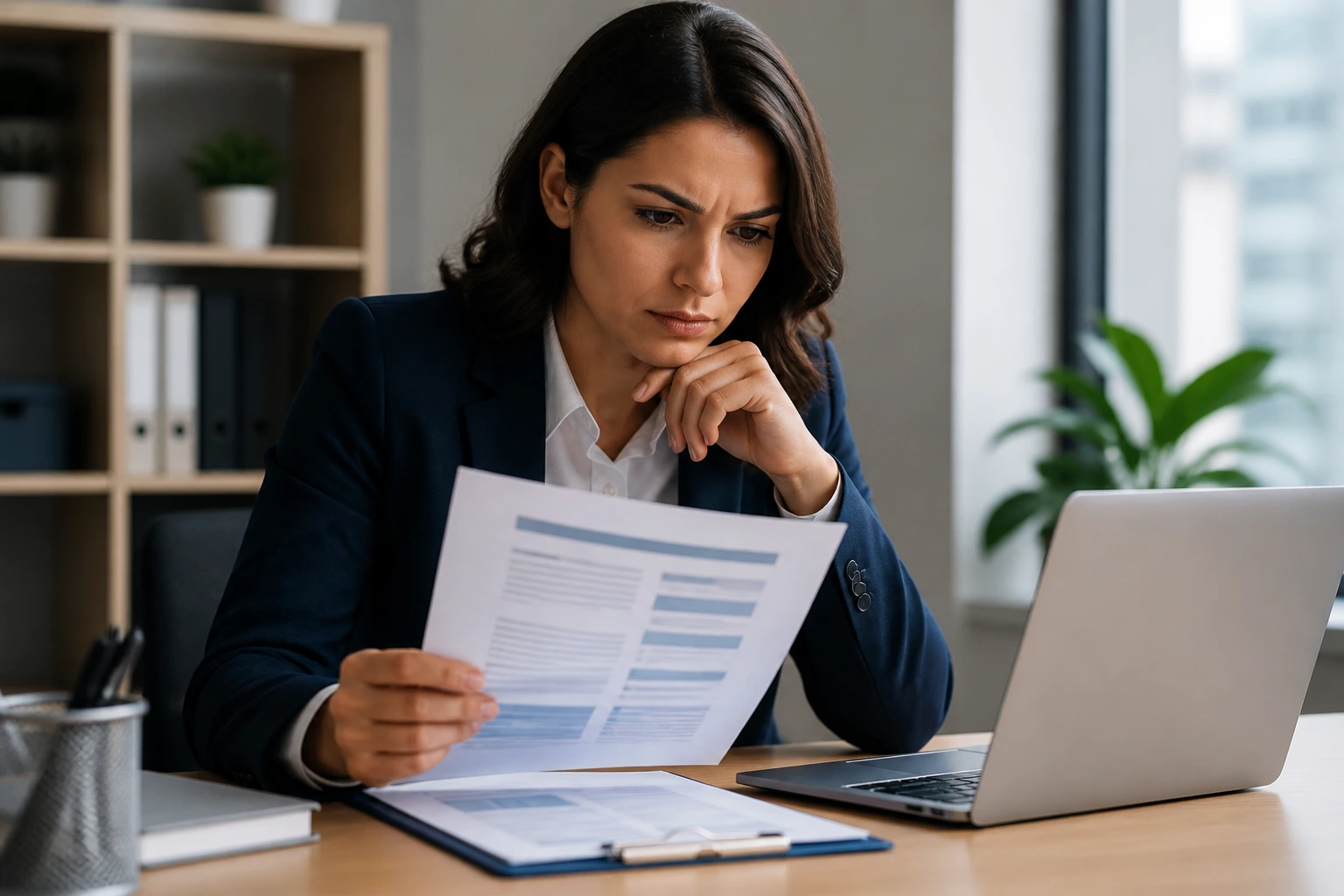 Professional evaluating job ads in an office, focusing on sponsorship nuances