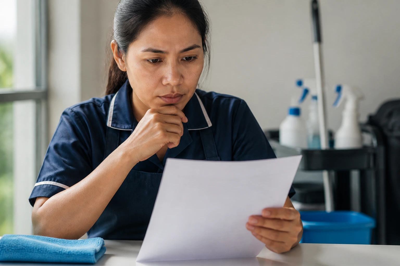 Portrait of a person evaluating a blank job-ad document at a desk.