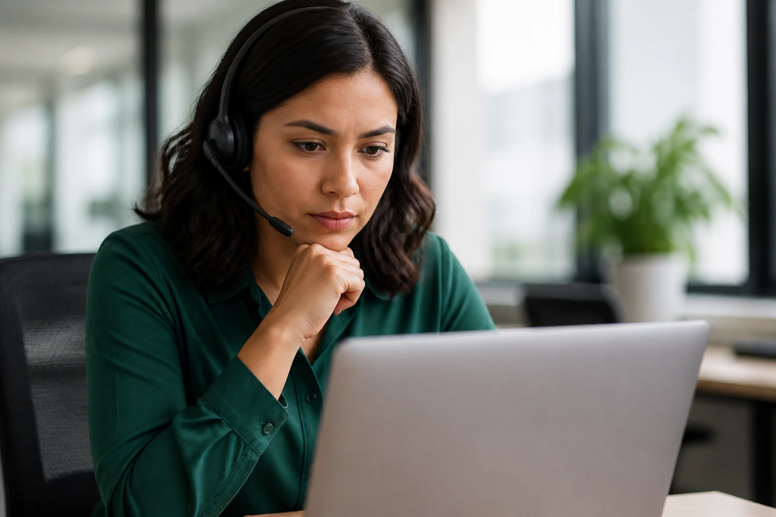 Person reading a job ad on a laptop with a blurred screen