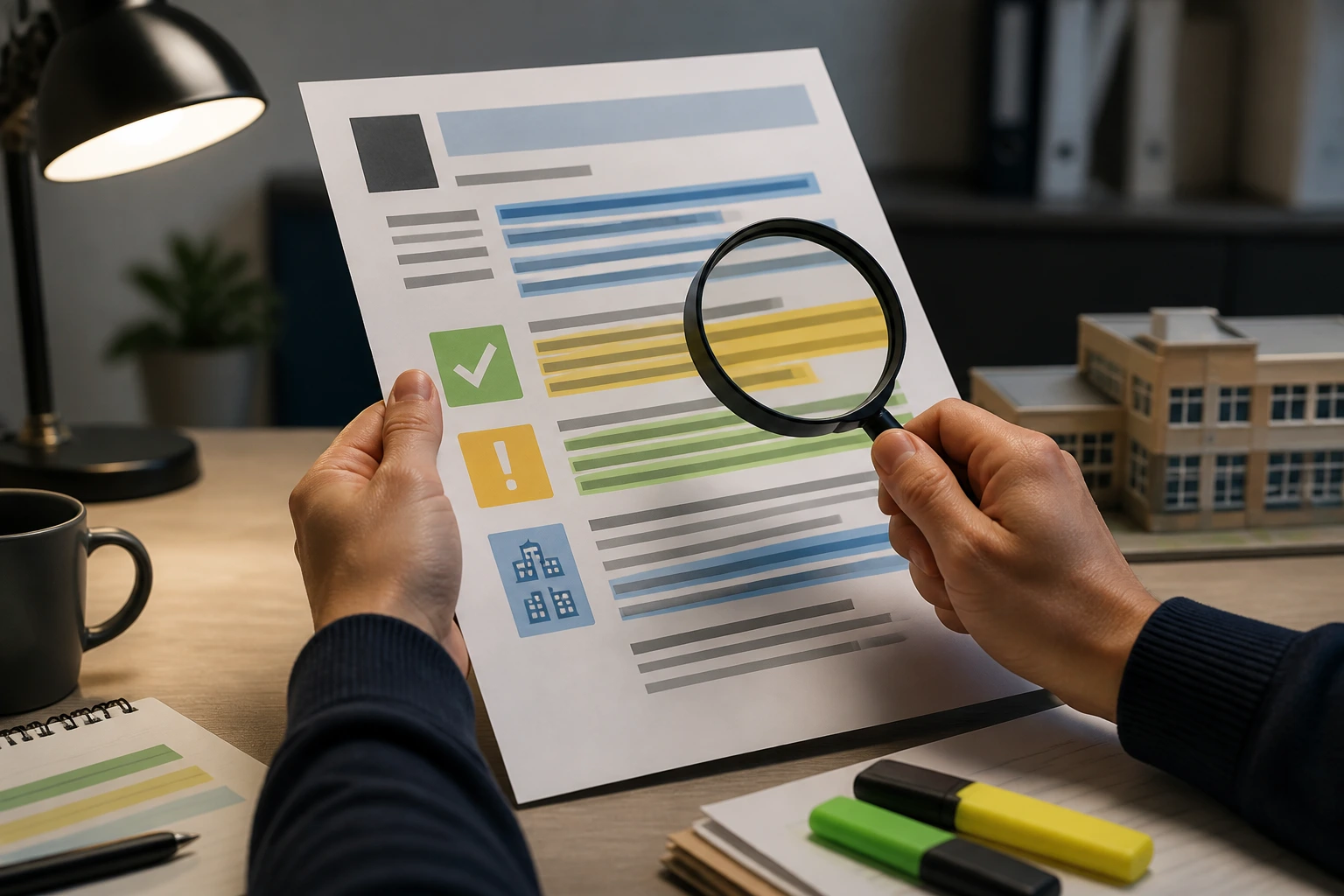 Hands turning a printed job advert with highlighted sections on a desk, no visible text