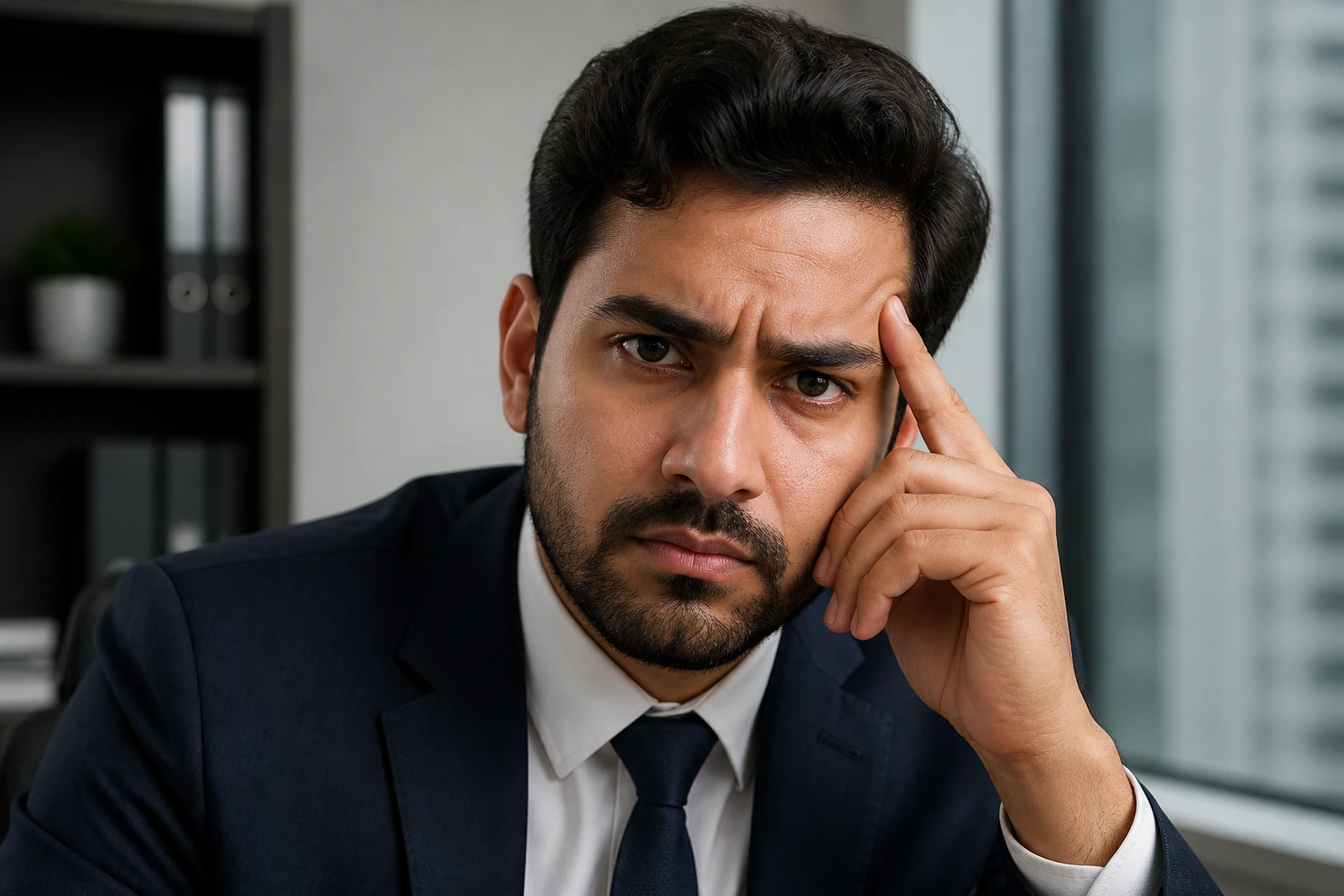 Portrait of a job applicant in smart attire with a neutral office background.