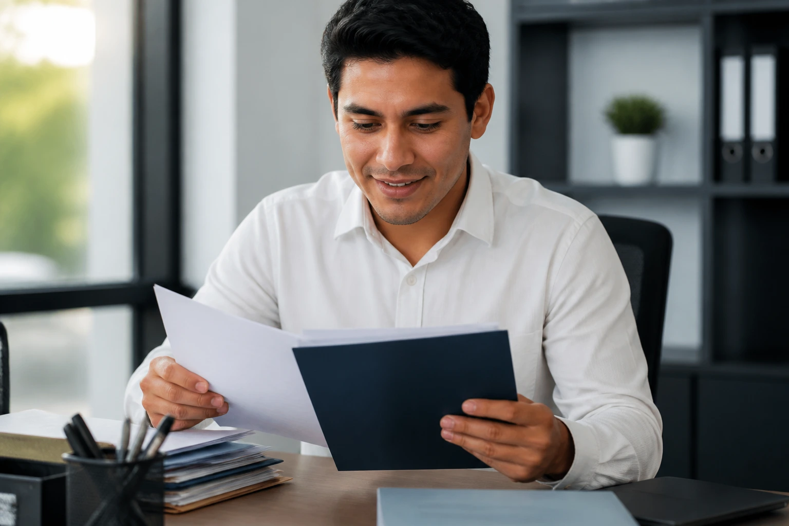 Confident applicant reviewing documents in a organized desk setting