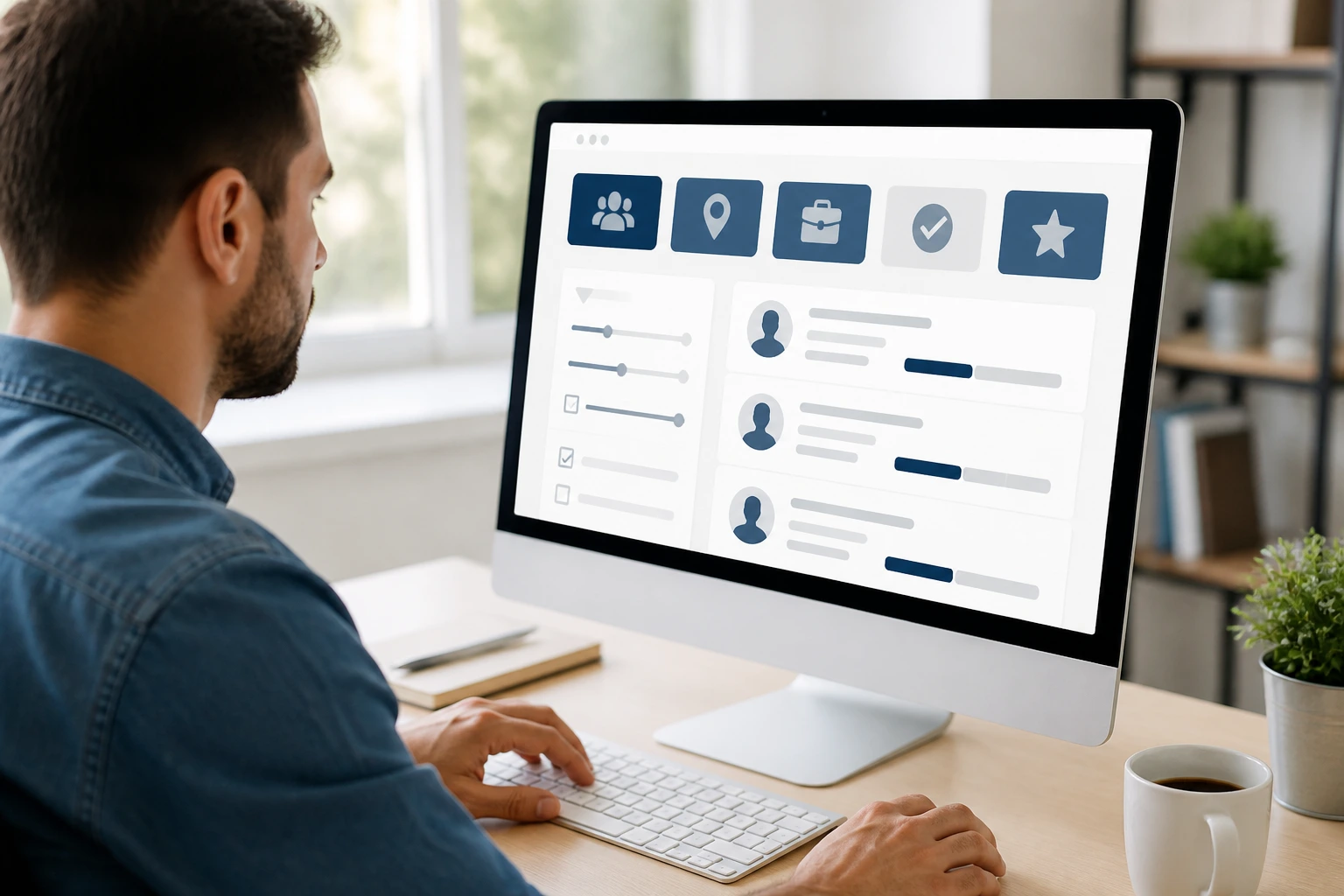 Person using a desktop computer with a job-search UI, representing Job Bank navigation
