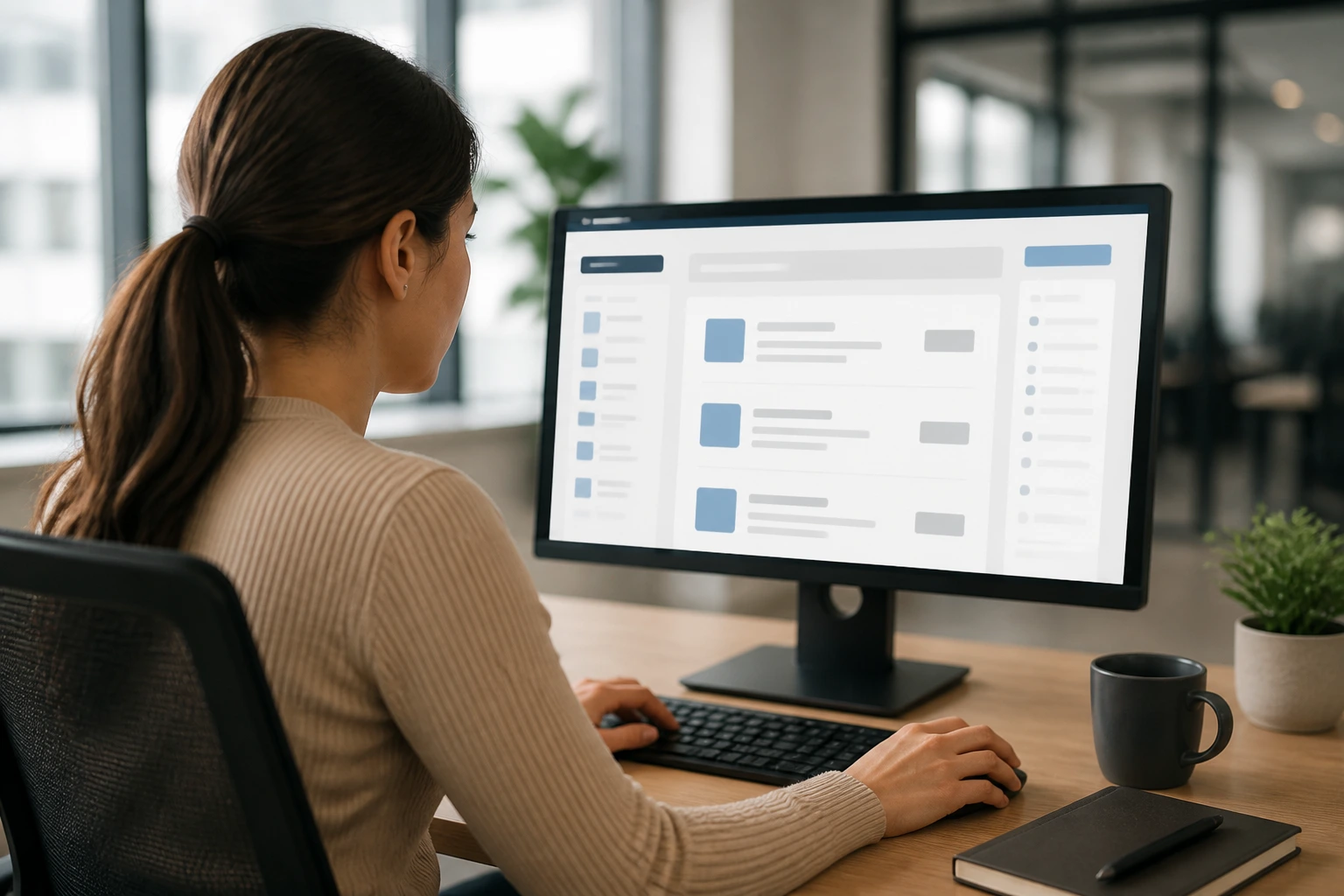 Person at a desk using a computer in an office for job searches