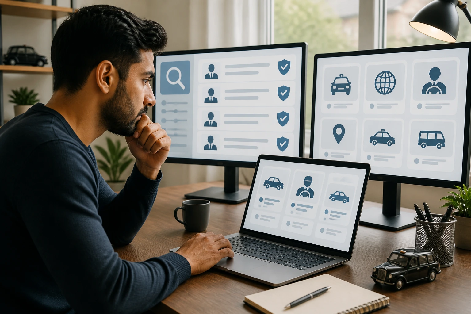 Person at a desk using a laptop and two monitors with abstract job-board icons (no text)