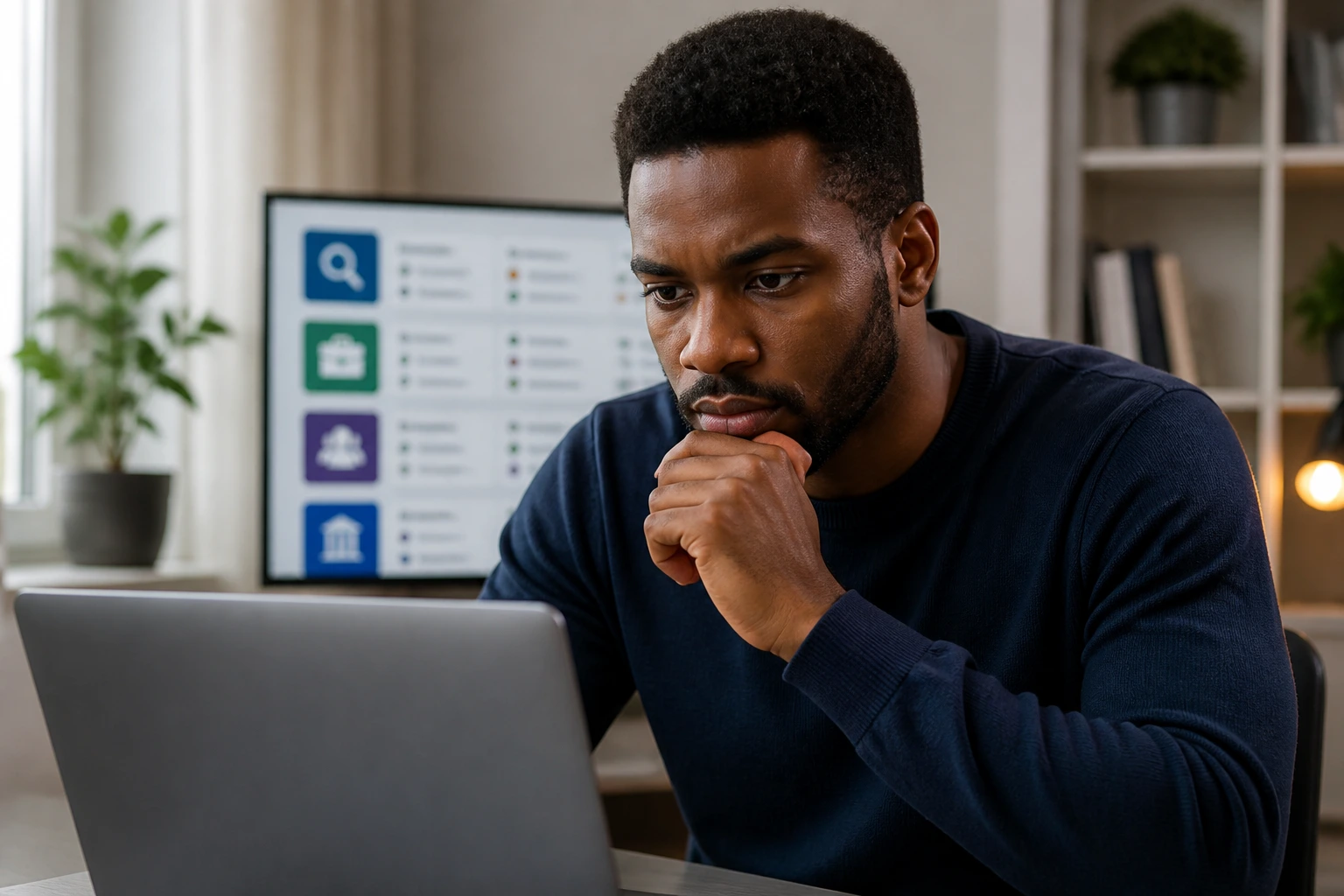 Person using a laptop in a home office, visualizing job search and sponsorship research.