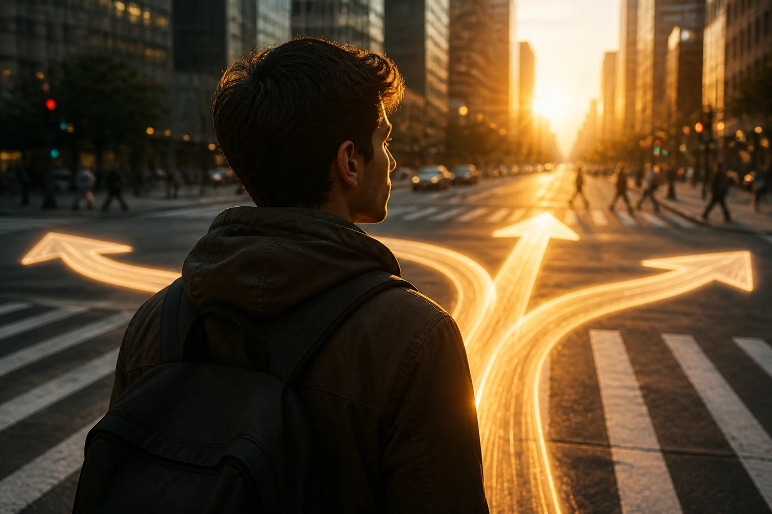 Person at a crossroads with light arrows illustrating job status changes