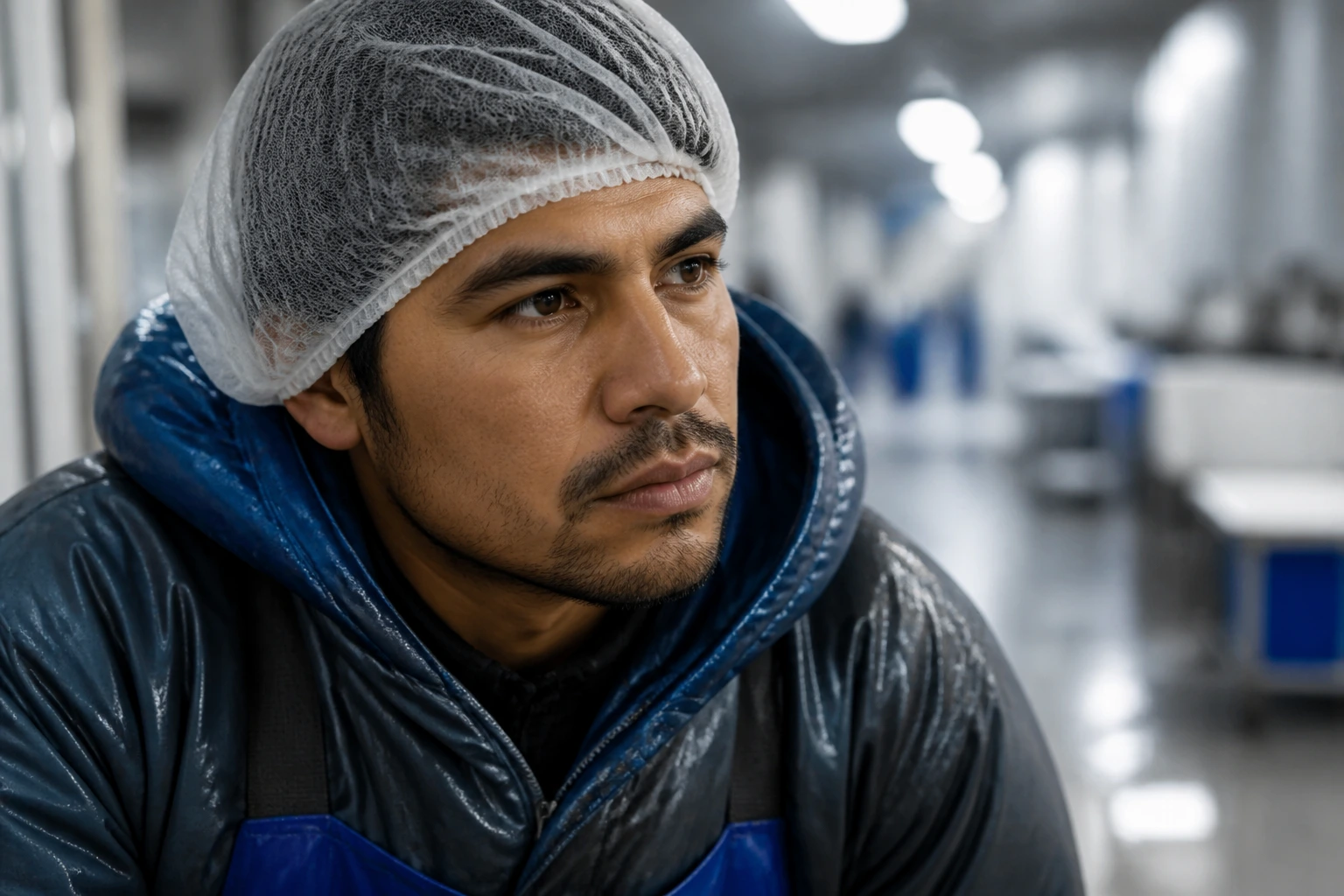 Worker contemplates schedule changes in a seafood plant setting