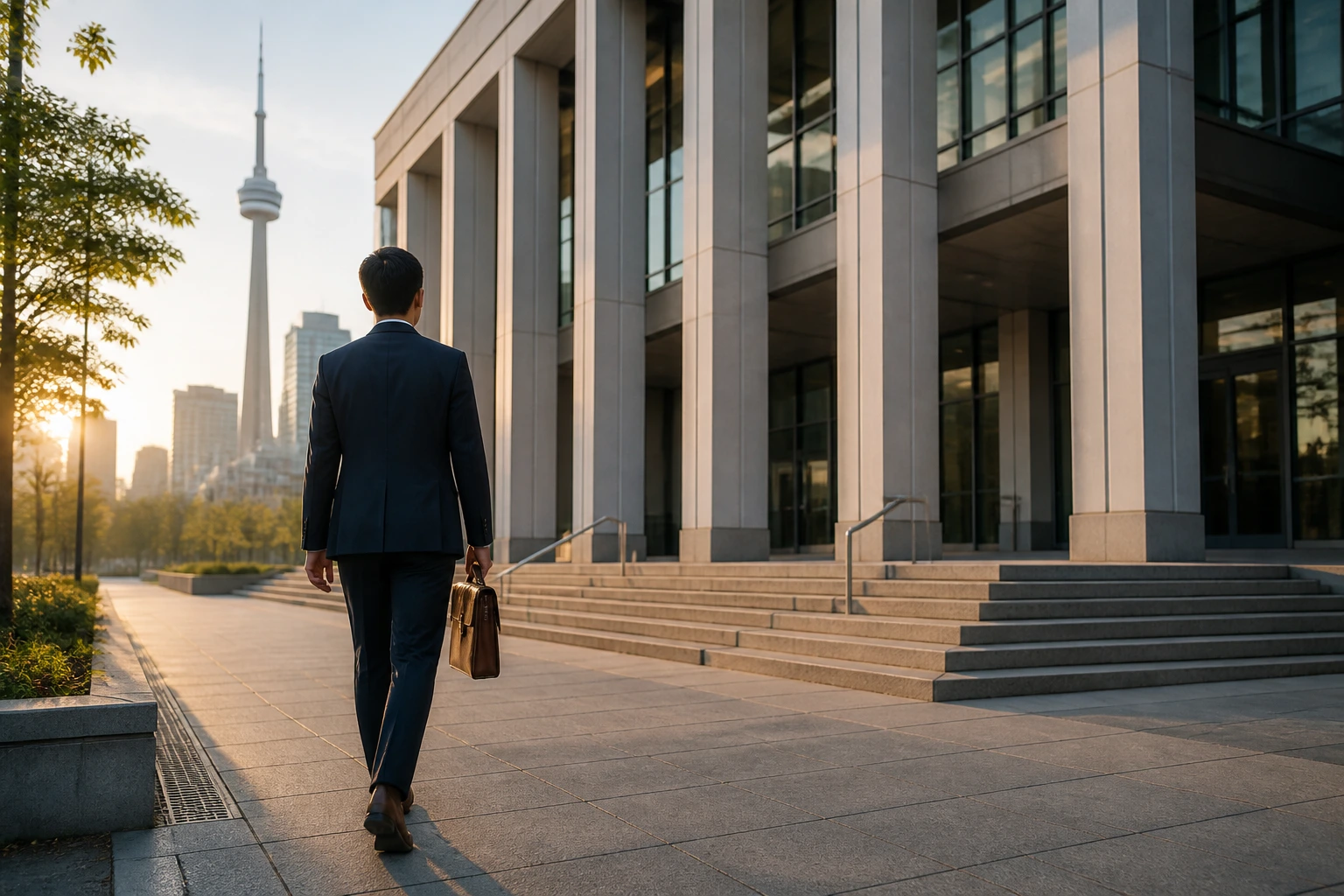 Job seeker approaching official government building for job applications