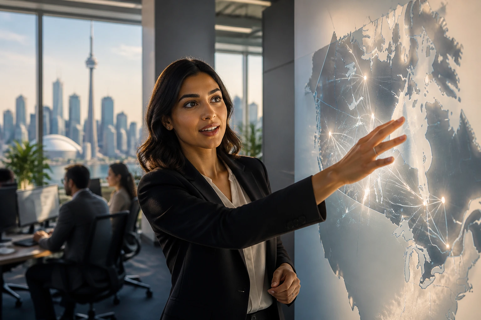 Professional in an office pointing toward a career-path hologram on a wall