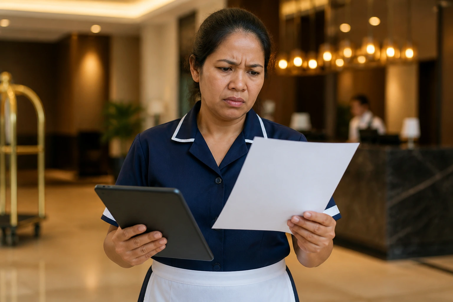 Cleaner in uniform looking concerned at a mismatch between offer and reality