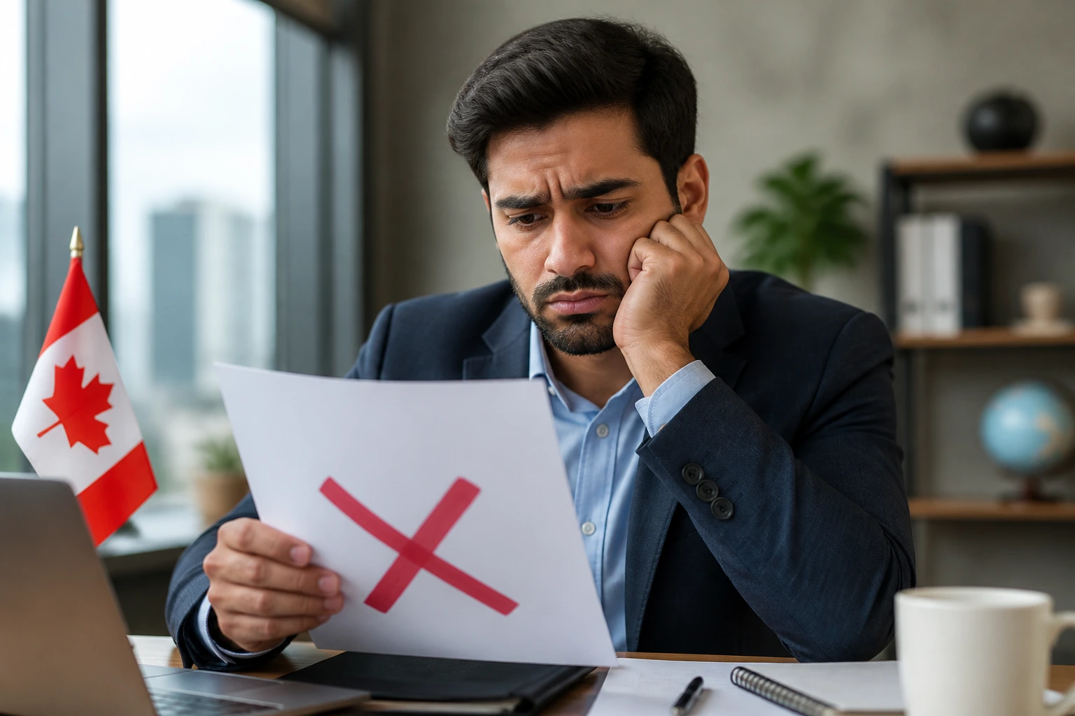 Portrait of a real person looking disappointed at a document with a red cross indicating denial.