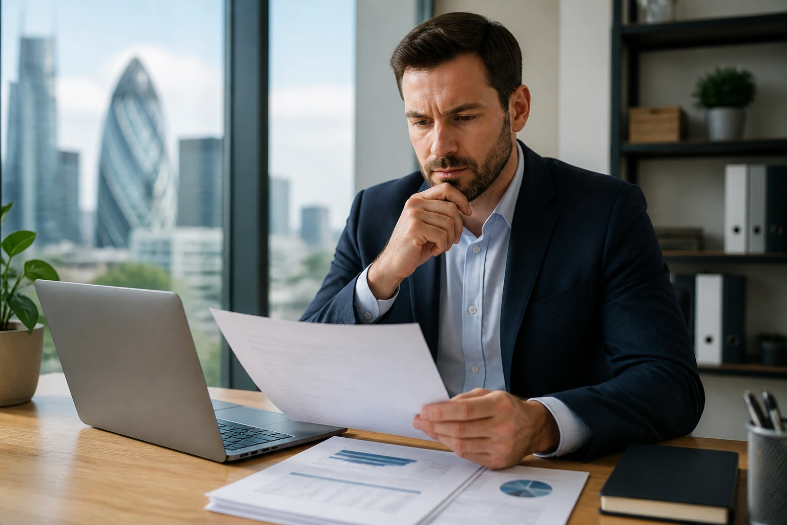 Professional evaluating a job offer at a desk