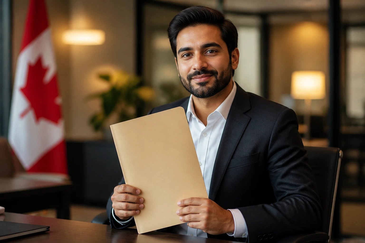 Portrait of a professional holding a blank folder representing job offer components
